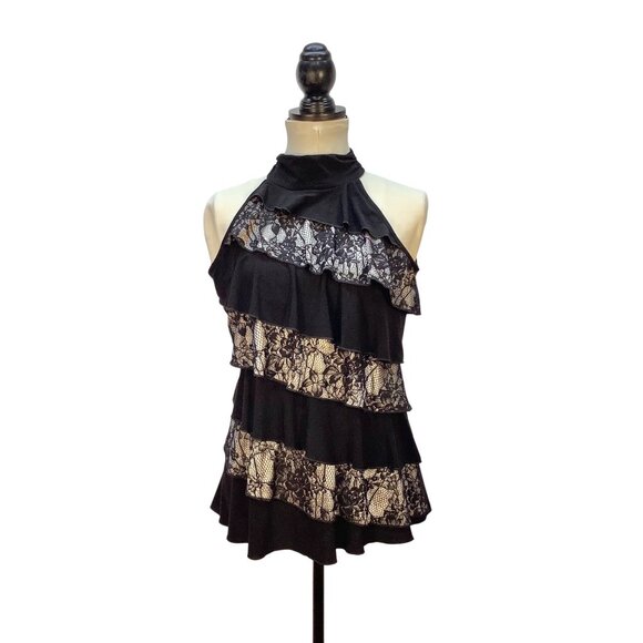 Black Lace Halter Top Ruffle Detail Womens Large Whimsy Goth Fairy - Picture 1 of 7